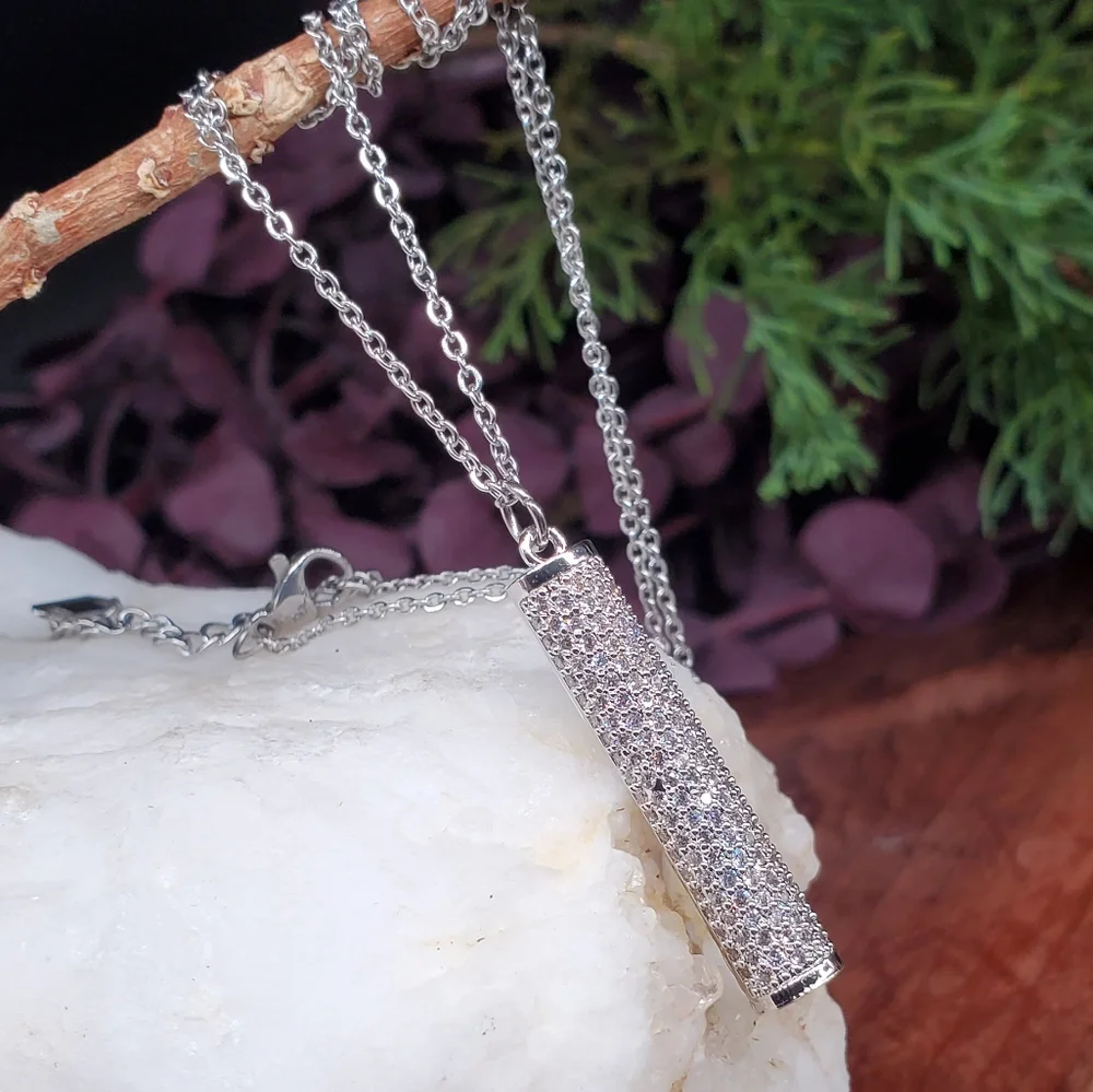 Contemporary Design Pendant Platinum plated Bar White Topaz Pave Dainty Delicate